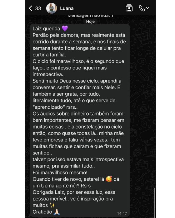 Depoimento de aluna sobre o Ciclo Vida Abundante